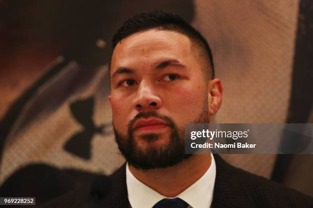 Joseph Parker speaks to the media during the Dillian Whyte and Joseph Parker Press Conference at The Dorchester Hotel on June 7, 2018 in London,...