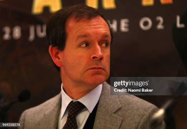 Adam Smith of Sky Sports speaks to the media during the Dillian Whyte and Joseph Parker Press Conference at The Dorchester Hotel on June 7, 2018 in...