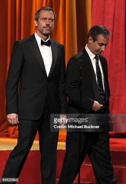 Actor Hugh Laurie and producer David Shore onstage at the 2010 Writers Guild Awards held at the Hyatt Regency Century Plaza on February 20, 2010 in...
