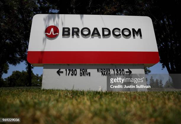 Signage is displayed outside the Broadcom offices on June 7, 2018 in San Jose, California. Broadcom is expected to report second-quarter earnings...