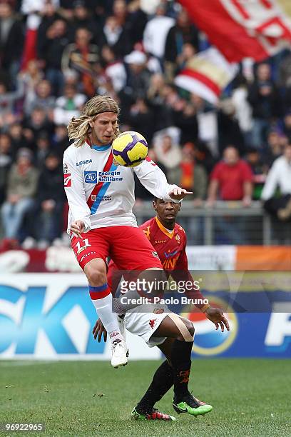 Maxi Lopez of Catania Calcio in action during the Serie A match between AS Roma and Catania Calcio at Stadio Olimpico on February 21, 2010 in Rome,...