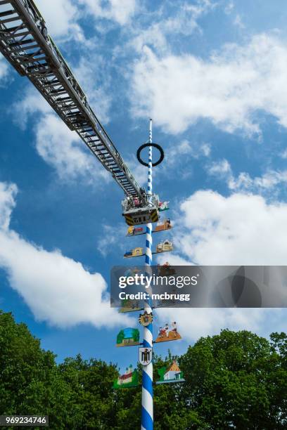 maibaum und lange feuerwehr drehleiter - maibaum münchen stock-fotos und bilder