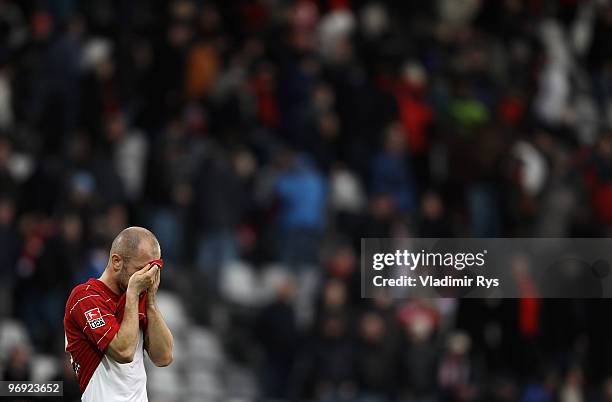 Ivica Banovic of Freiburg reacts after losing the Bundesliga match between SC Freiburg and Hertha Berlin at Badenova Stadium on February 21, 2010 in...