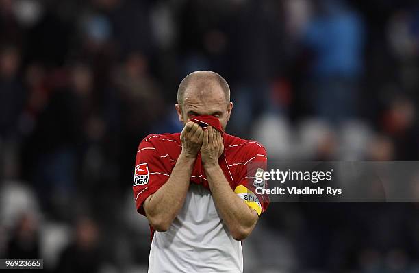 Ivica Banovic of Freiburg reacts after losing the Bundesliga match between SC Freiburg and Hertha Berlin at Badenova Stadium on February 21, 2010 in...