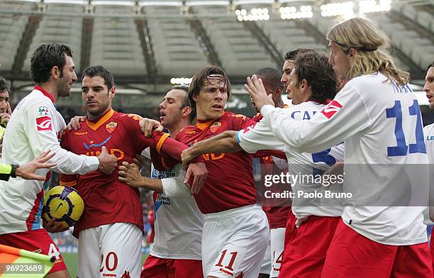 Players of AS Roma and Catania Calcio, Gennaro Del Vecchio, Simone Perrotta , Giuseppe Mascara, Rodrigo Taddei, and Maxi Lopez argue during the Serie...