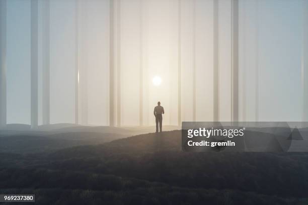 在霧的風景與鏡子專欄丟失的商人 - 超現實 個照片及圖片檔