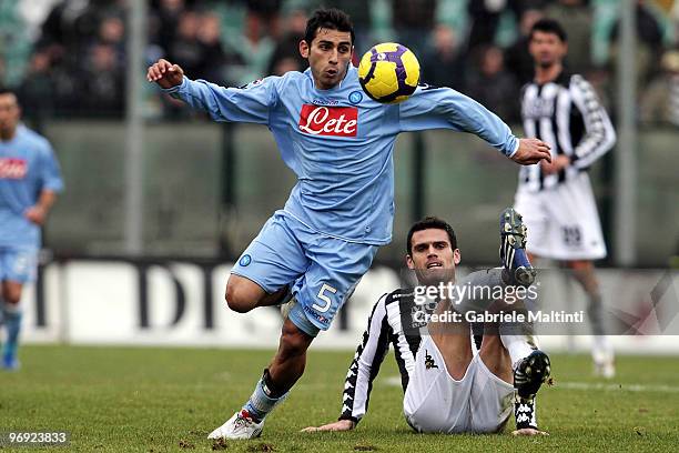 Alexandros Tziolis of AC Siena in action against Michele Pazienza of SSC Napoli during the Serie A match between AC Siena and SSC Napoli at Stadio...