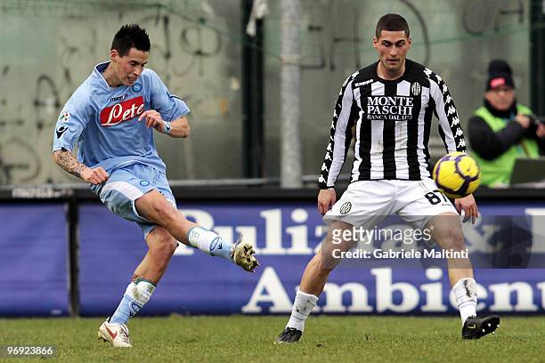 Aleandro Rosi of AC Siena in action against Marek Hamsik of SSC Napoli during the Serie A match between AC Siena and SSC Napoli at Stadio Artemio...