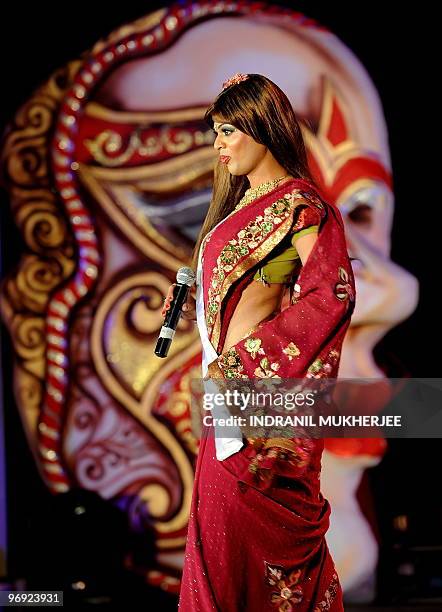 An Indian transgender walks the ramp during the finals of the 'Indian Super Queen' beauty pagaent for the transgender community in Mumbai on February...