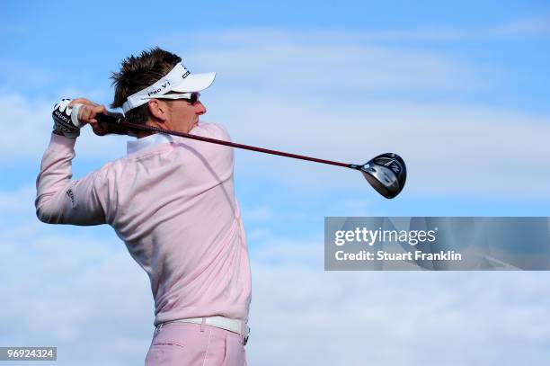 Ian Poulter of England plays his tee shot on the eighth hole during final round of the Accenture Match Play Championship at the Ritz-Carlton Golf...