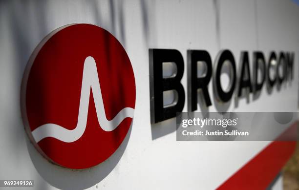 Signage is displayed outside the Broadcom offices on June 7, 2018 in San Jose, California. Broadcom is expected to report second-quarter earnings...
