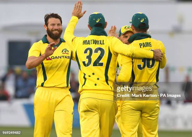 Australia's Michael Neser celebrates taking a wicket during the tour match at the 1st Central County Ground, Hove.