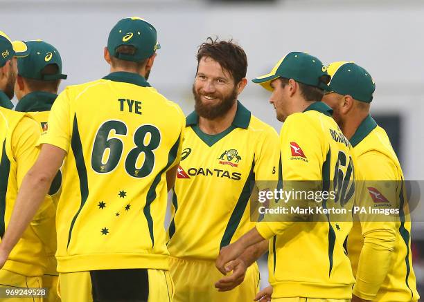 Australia's Michael Neser celebrates taking a wicket during the tour match at the 1st Central County Ground, Hove.