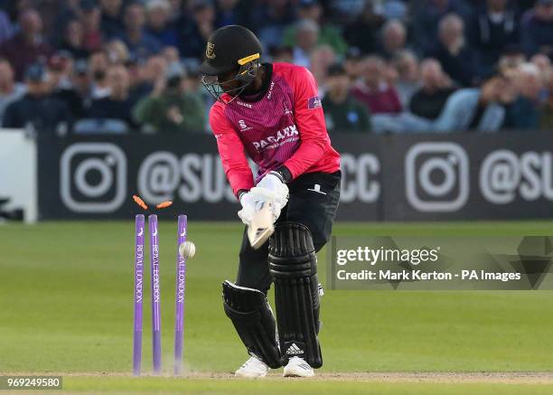 Sussex batsman Jofra Archer is bowled out by Australia's Andrew Tye during the tour match at the 1st Central County Ground, Hove.