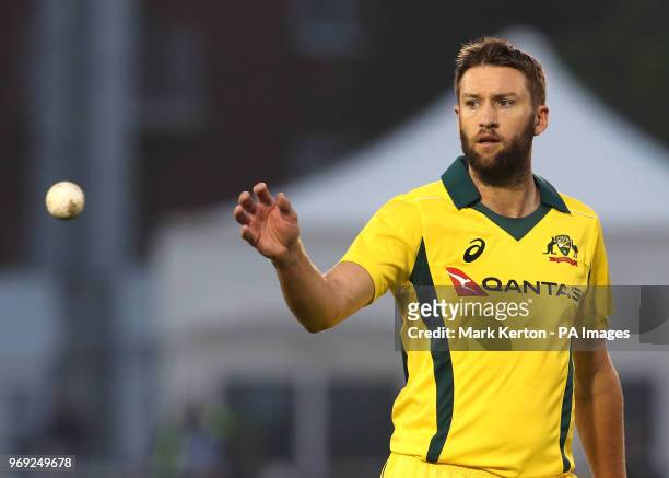 Australia's Andrew Tye prepares to bowl during the tour match at the 1st Central County Ground, Hove.