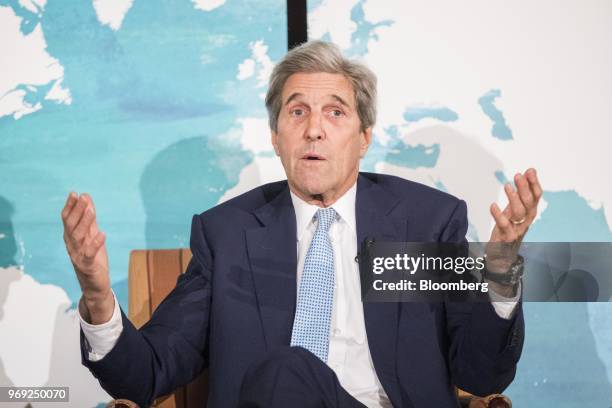 John Kerry, former U.S. Secretary of State, gestures during the International Mayors Climate Summit in Boston, Massachusetts, U.S., on Thursday, June...