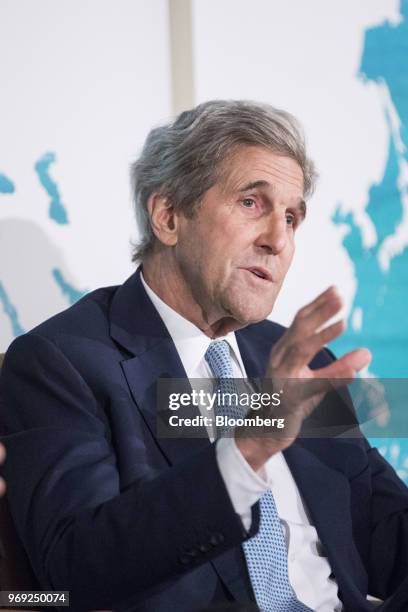 John Kerry, former U.S. Secretary of State, speaks during the International Mayors Climate Summit in Boston, Massachusetts, U.S., on Thursday, June...