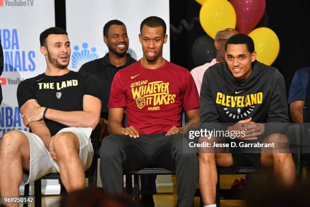Larry Nance Jr. #22, Rodney Hood and Jordan Clarkson of the Cleveland Cavaliers during the 2018 NBA Finals Legacy Project - NBA Cares on June 07,...