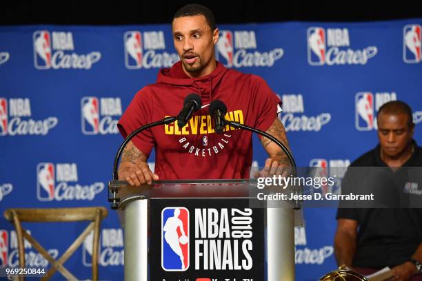 George Hill of the Cleveland Cavaliers speaks to the crowd during the 2018 NBA Finals Legacy Project - NBA Cares on June 07, 2018 at the Thurgood...