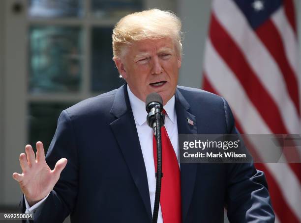 President Donald Trump speaks during a news conference with Japanese Prime Minister Shinzo Abe in the Rose Garden at the White House on June 7, 2018...
