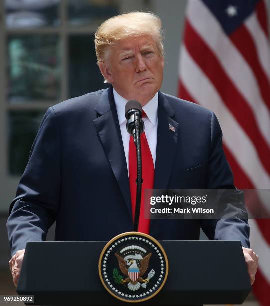 President Donald Trump speaks during a news conference with Japanese Prime Minister Shinzo Abe in the Rose Garden at the White House on June 7, 2018...