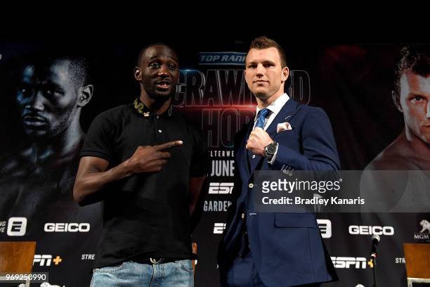 Terence Crawford and WBO welterweight champion Jeff Horn pose during a news conference at MGM Grand Hotel & Casino on June 7, 2018 in Las Vegas,...