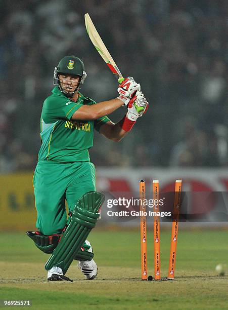 Jacques Kallis of South Africa is bowled for 89 runs during the First One Day International between India and South Africa at Sawai Mansingh Stadium...