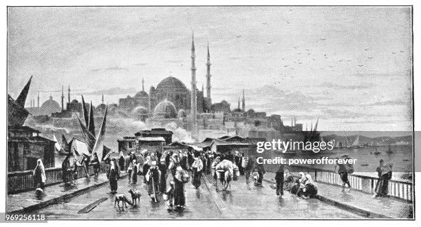menschen kreuzung galata-brücke mit yeni cami am horizont in istanbul, türkei - ottoman-reich - osmanisches reich stock-grafiken, -clipart, -cartoons und -symbole