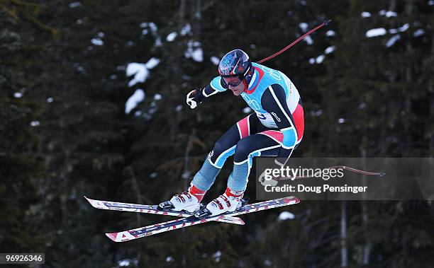 Aksel Lund Svindal of Norway competes during the Alpine Skiing Men's Super Combined Downhill on day 10 of the Vancouver 2010 Winter Olympics at...