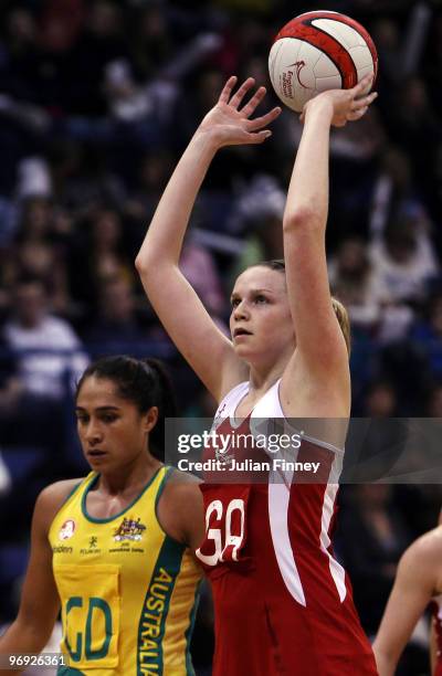 Joanne Harten of England shoots during the second test of the Co-operative International Netball Series between England and Australia at the...