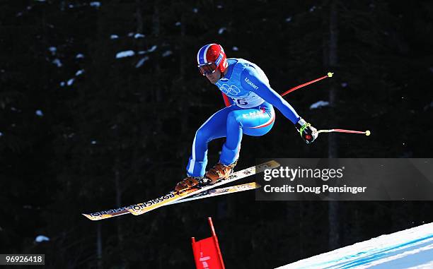 Adrien Theaux of France competes during the Alpine Skiing Men's Super Combined Downhill on day 10 of the Vancouver 2010 Winter Olympics at Whistler...