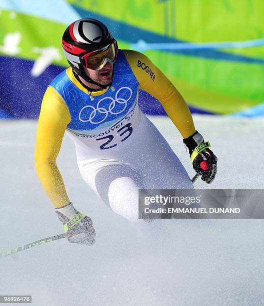 Germany's Stephan Keppler reacts in the finish area during the men's super-combined downhill race of the Vancouver 2010 Winter Olympics at the...