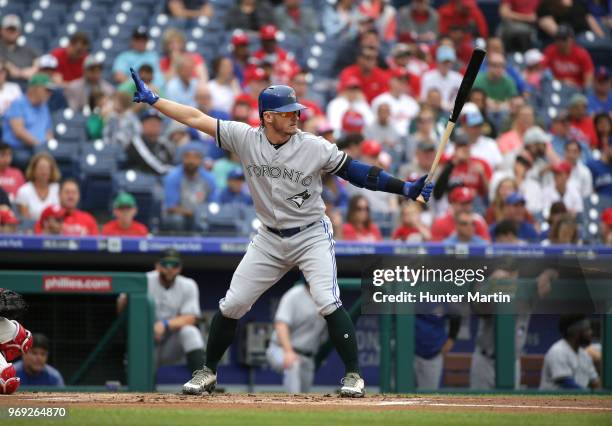 Josh Donaldson of the Toronto Blue Jays bats during a game against the Philadelphia Phillies at Citizens Bank Park on May 27, 2018 in Philadelphia,...