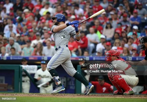 Kevin Pillar of the Toronto Blue Jays bats during a game against the Philadelphia Phillies at Citizens Bank Park on May 27, 2018 in Philadelphia,...