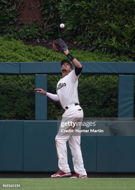 Aaron Altherr of the Philadelphia Phillies plays the outfield during a game against the Toronto Blue Jays at Citizens Bank Park on May 27, 2018 in...