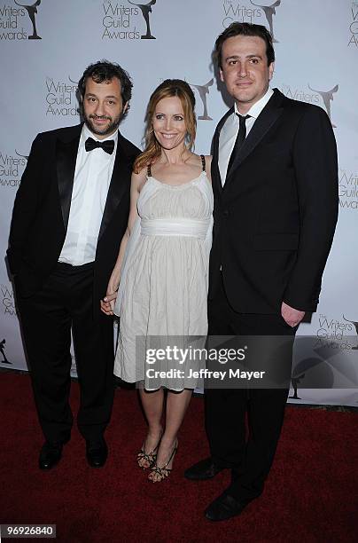 Writer/Director/Producer Judd Apatow, Actress Leslie Mann and Actor Jason Segel arrive at the 2010 Writers Guild Awards at Hyatt Regency Century...