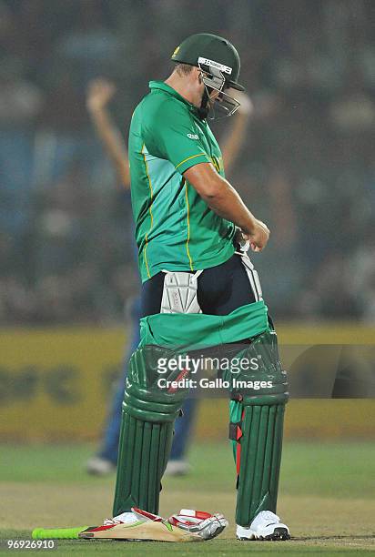 Jacques Kallis of South Africa making some adjustments during the First One Day International between India and South Africa at Sawai Mansingh...