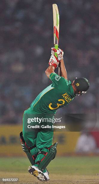 Jacques Kallis of South Africa hits a six in his innings of 89 runs2 during the First One Day International between India and South Africa at Sawai...