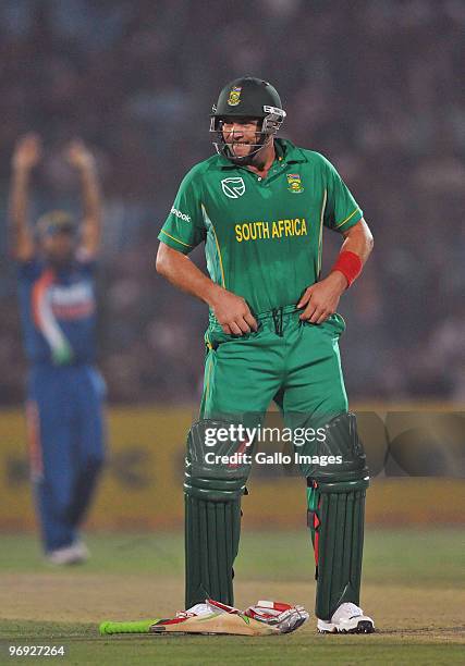 Jacques Kallis of South Africa making some adjustments during the First One Day International between India and South Africa at Sawai Mansingh...