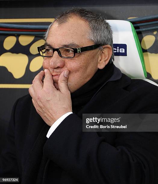 Felix Magath, head coach of Schalke reacts prior to the Bundesliga match between VfL Wolfsburg and FC Schalke 04 at Volkswagen Arena on February 21,...