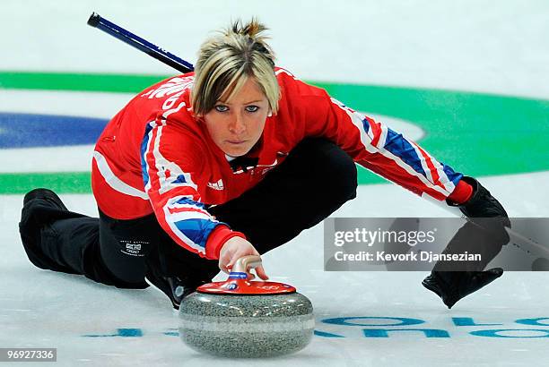 Eve Muirhead of Great Britain and Northern Ireland releases the stone during the women's curling round robin game between Great Britain and...