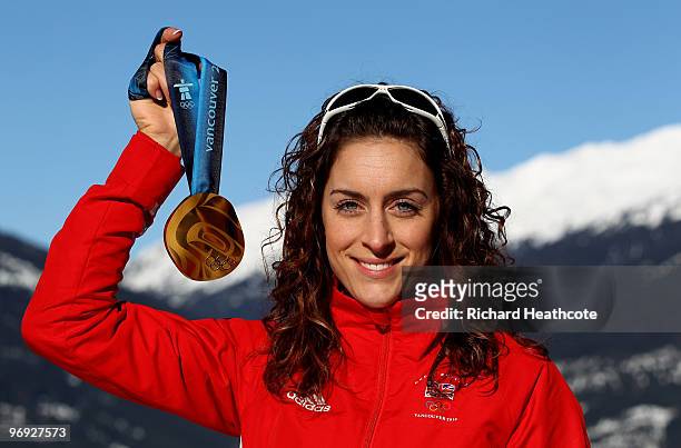 Amy Williams of Great Britain poses for a photo with her Gold Medal after winning the Women's Skeleton event on 19th February, on day 10 of the 2010...