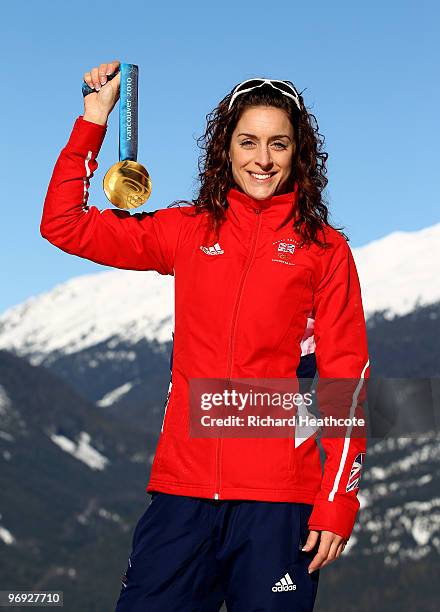 Amy Williams of Great Britain poses for a photo with her Gold Medal after winning the Women's Skeleton event on 19th February, on day 10 of the 2010...