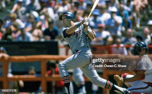 Carlton Fisk of the Chicago White Sox bats against the California Angels at the Big A circa 1985 in Anaheim, California.