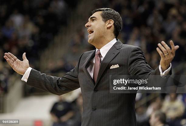 Head coach Jay Wright of the University of Villanova Wildcats reacts to a call in the second half during the game against the University of...