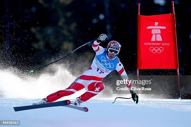 Carlo Janka of Switzerland competes during the Alpine Skiing Men's Super Combined Downhill on day 10 of the Vancouver 2010 Winter Olympics at...