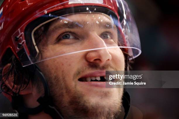 Alexander Ovechkin of Russian Federation smiles during warm ups for the ice hockey men's preliminary game against the Czech Republic on day 10 of the...