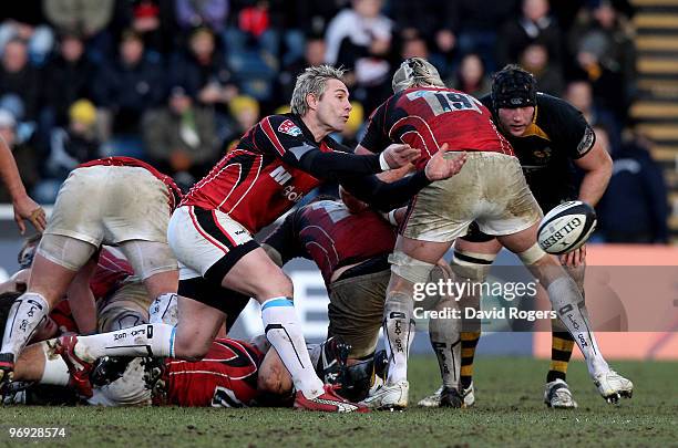 Justin Marshall of Saracens passes the ball during the Guinness Premiership match between London Wasps and Saracens at Adams Park on February 21,...