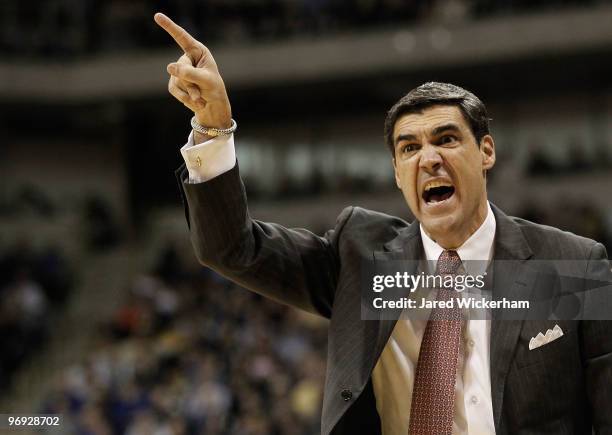 Head coach Jay Wright of the University of Villanova Wildcats yells to his team in the second half during the game against the University of...