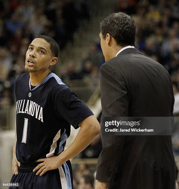 Head coach Jay Wright talks with Scottie Reynolds of the University of Villanova Wildcats during the game against the University of Pittsburgh...